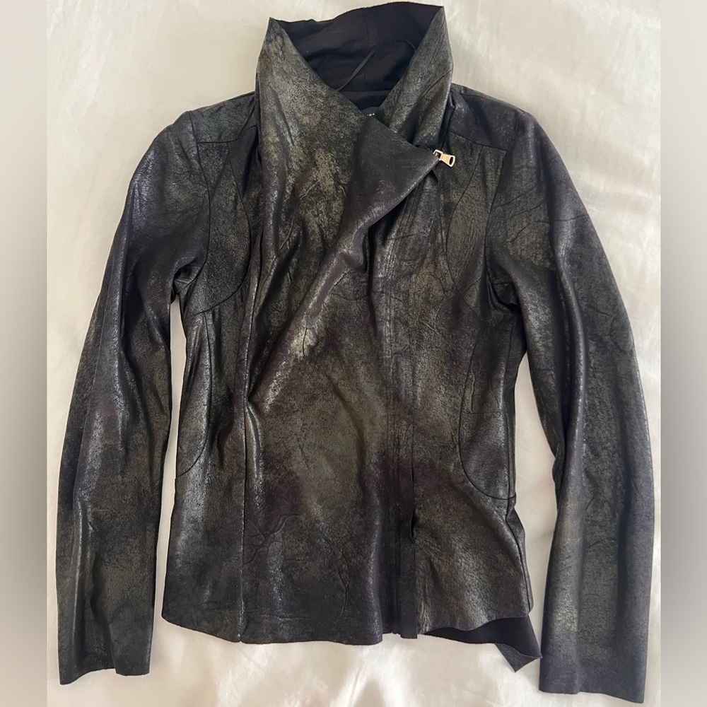 Zara Metallic Black \ Green Faux Leather Jacket